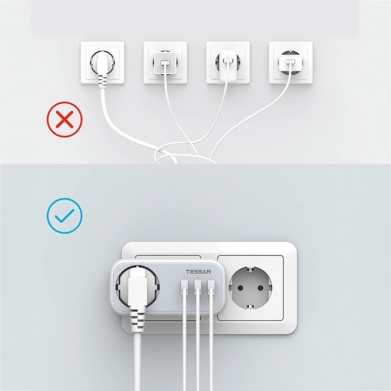 TESSAN Ladron Plano Moderno de Enchufes Multiples con 3 Shucko y 2 USB, para  Cocina, Hogar, Blanco y Gris : : Electrónica