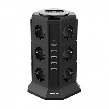 TESSAN Torre vertical 12 Shukos + 5 puertos USB - Protección sobrecarga -  Interruptor encendido/apagado 2M Negro
