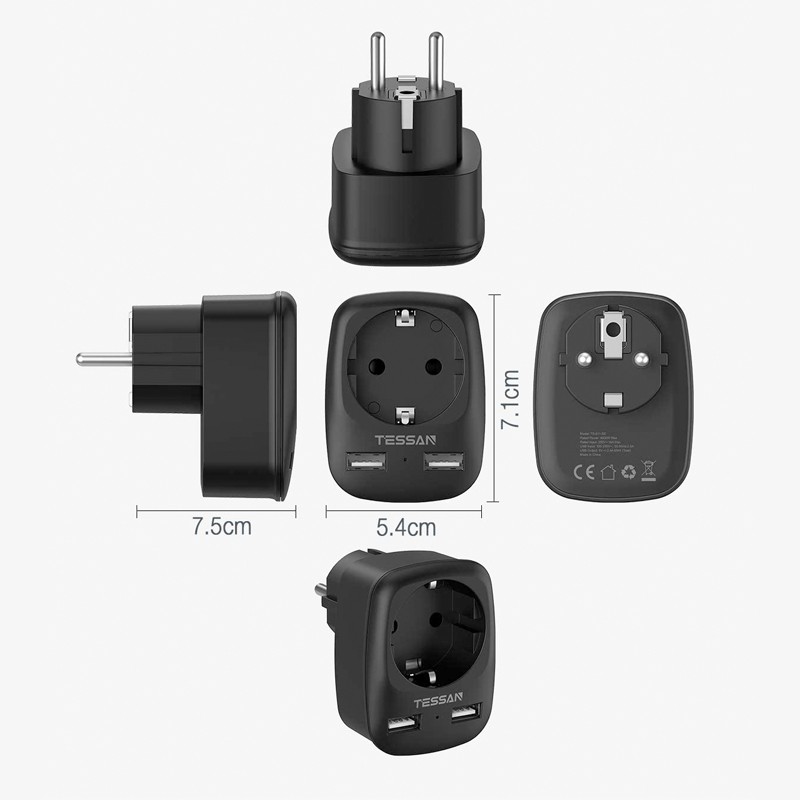 TESSAN-adaptador de enchufe doble con 2 enchufes, 3 puertos USB A y 1 enchufe  tipo